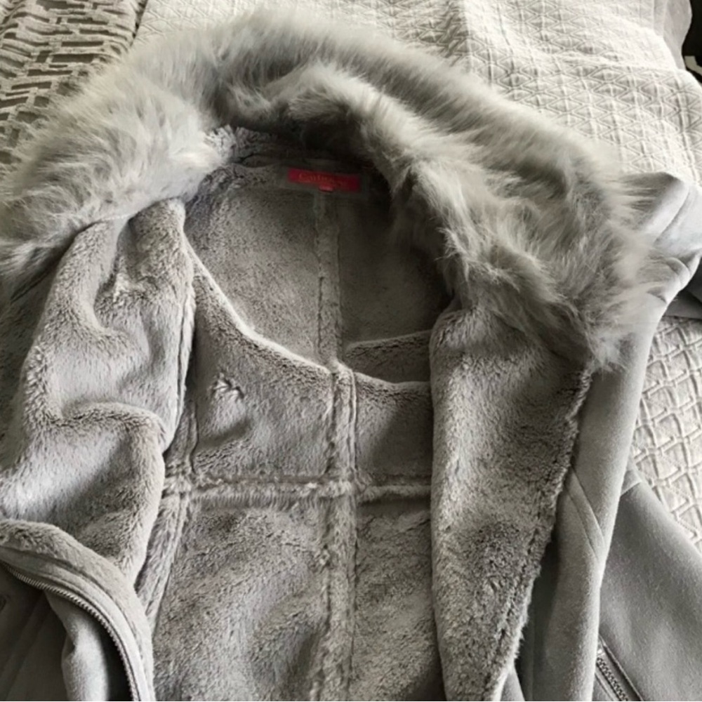 Catherine Malandrino Faux Suede Shearling Fur Coat Dove Grey M - Picture 5 of 9
